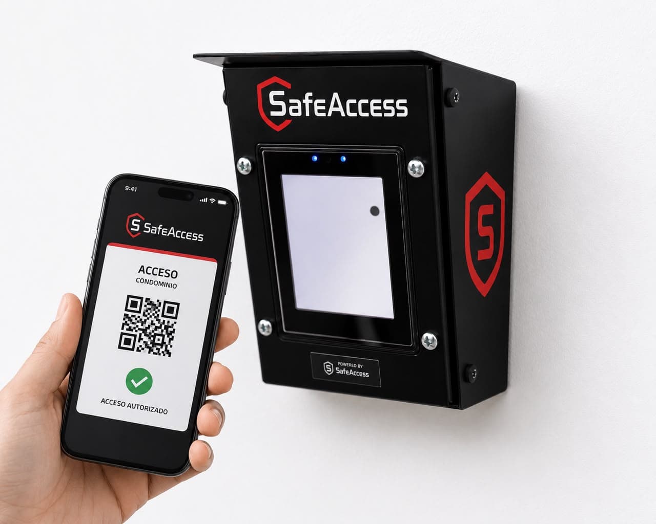 Lector QR SafeAccess instalado en un condominio y app mostrando acceso autorizado