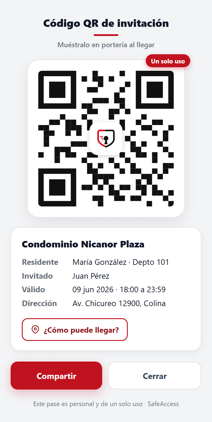Pase QR de invitación — Residente SafeAccess