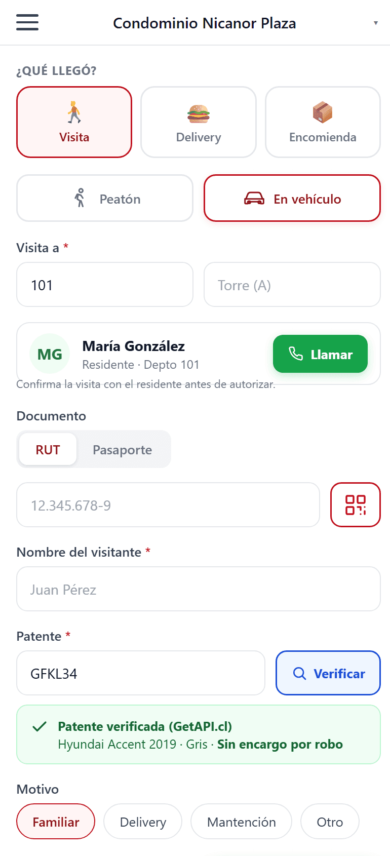 Registrar visita — Conserje SafeAccess